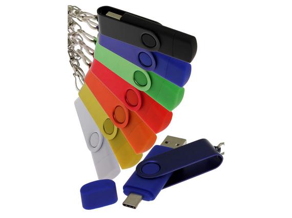USB 2.0- флешка на 16 Гб с поворотным механизмом и дополнительным разъемом Type-C